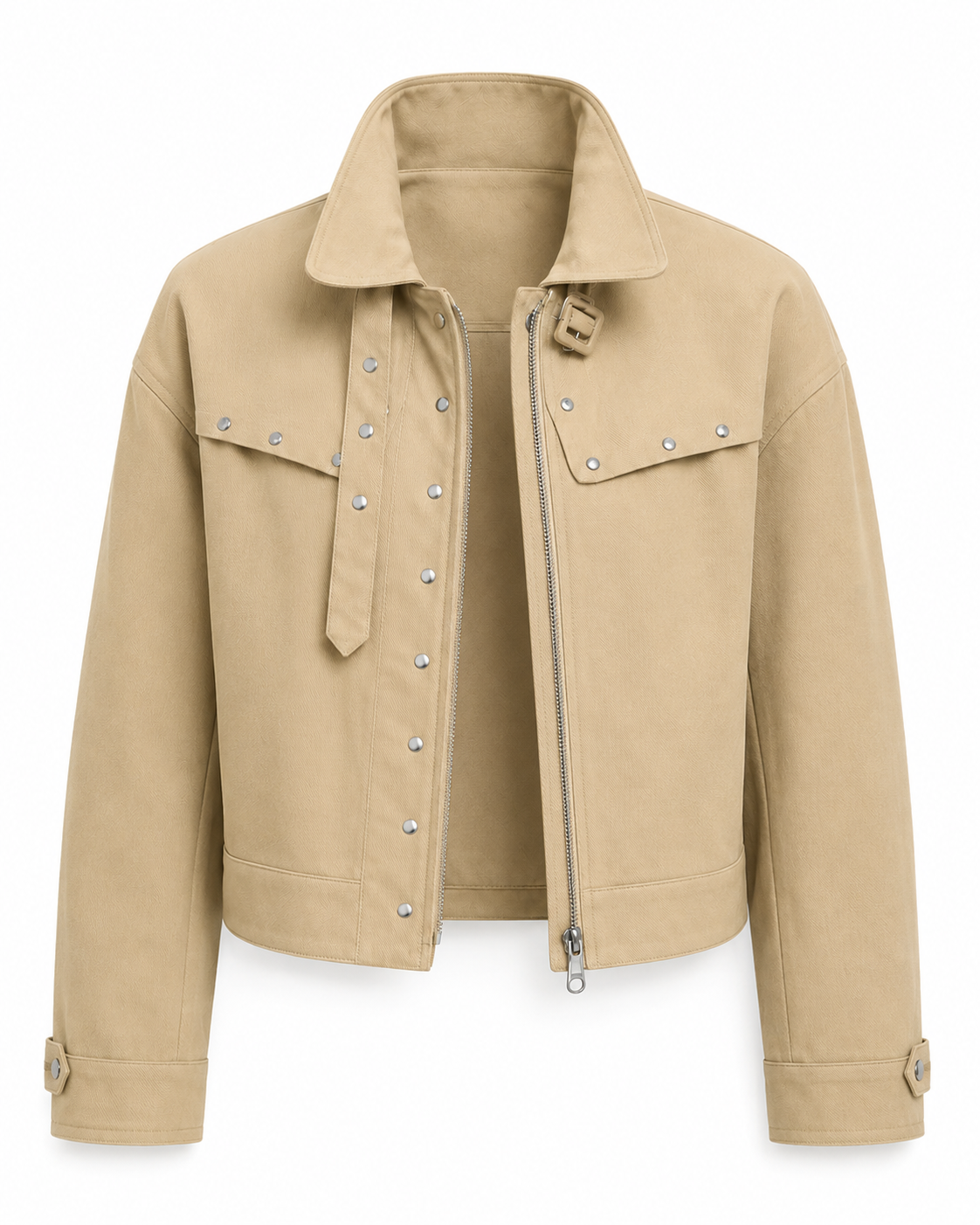 Front view of the Florise Studio Vintage Stud Utility Jacket in Desert Sand featuring a concealed front zip, silver stud detailing, pointed collar, adjustable buckle collar tab, and relaxed cropped utility silhouette.