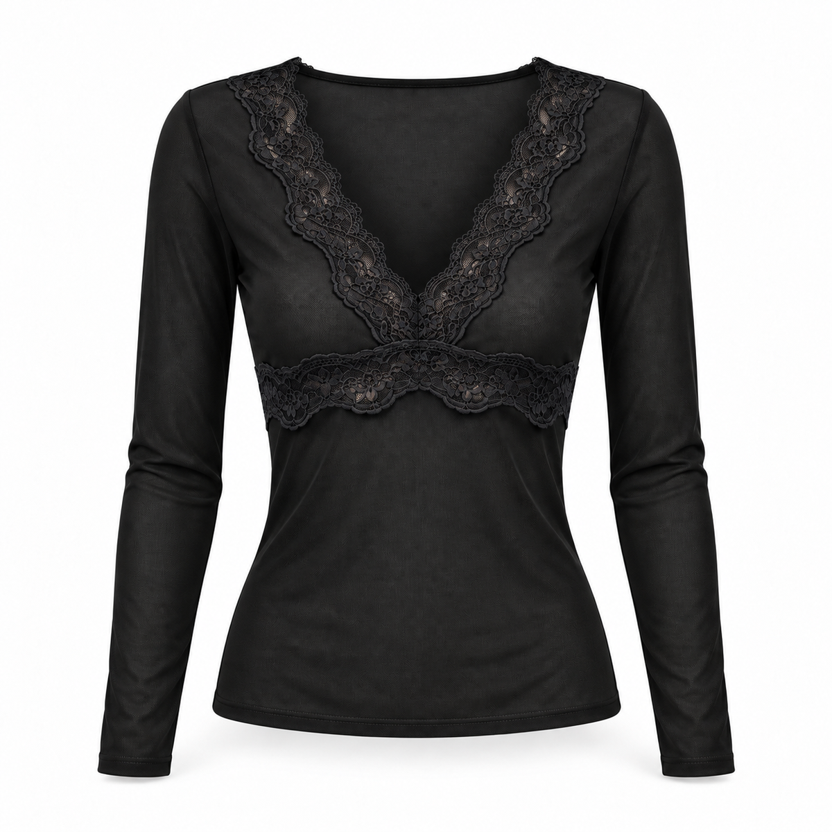 Black lace trim V-neck long sleeve top on white background