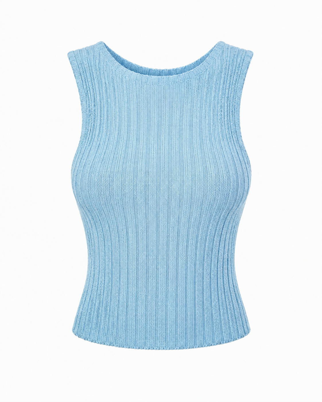 Sky blue ribbed knit sleeveless tank top with fitted shape and lightweight knit texture