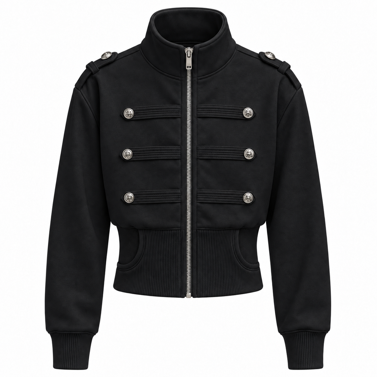 Florise Studio Military Cropped Jacket in Midnight Black featuring a structured stand collar, decorative silver buttons, cropped silhouette, and ribbed waistband.