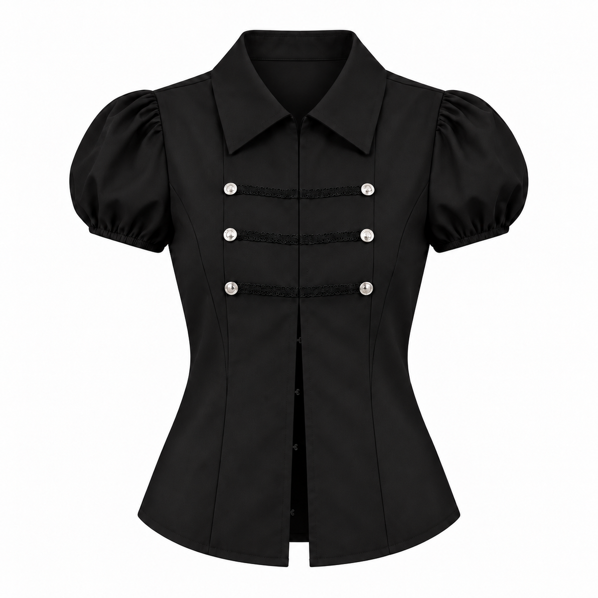 Vintage Military Puff Sleeve Shirt in Midnight Noir with decorative buttons, puff sleeves and tailored silhouette.