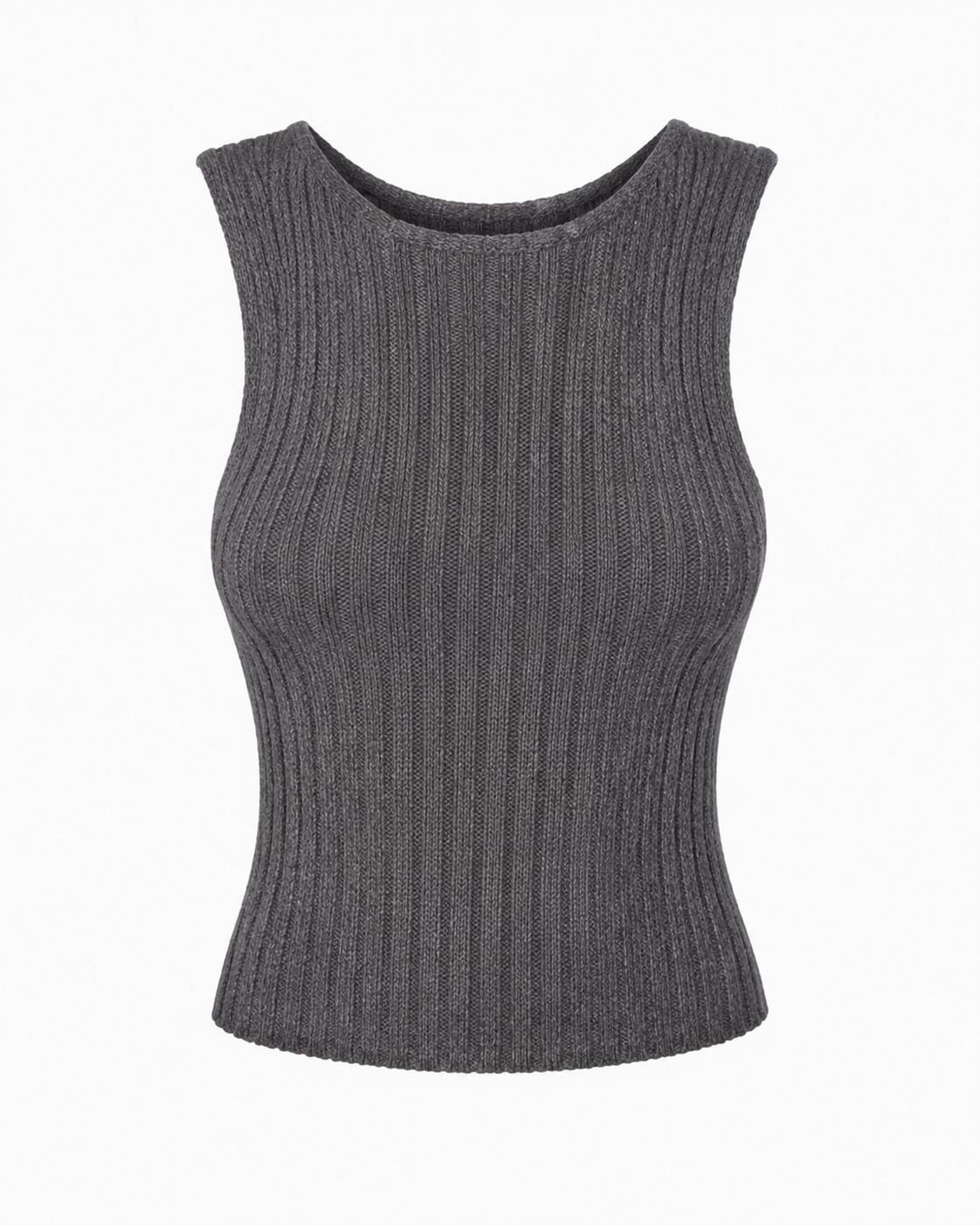Charcoal gray ribbed knit sleeveless tank top with fitted silhouette and textured vertical ribs