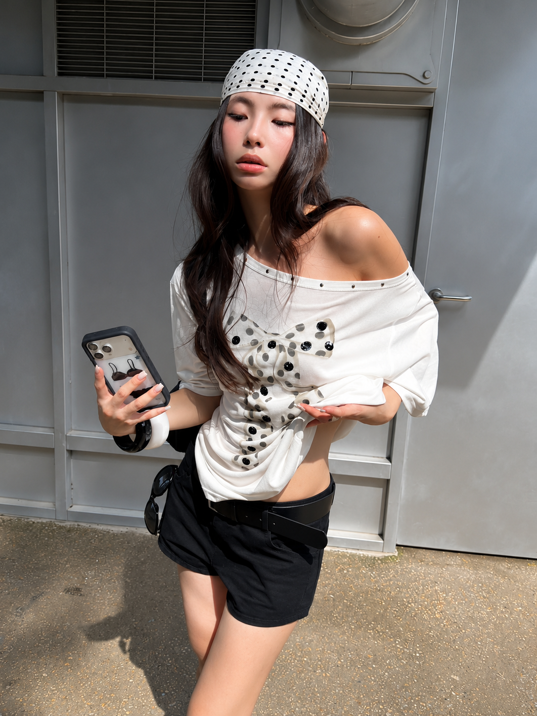Polka Dot Bow Off-Shoulder Tee