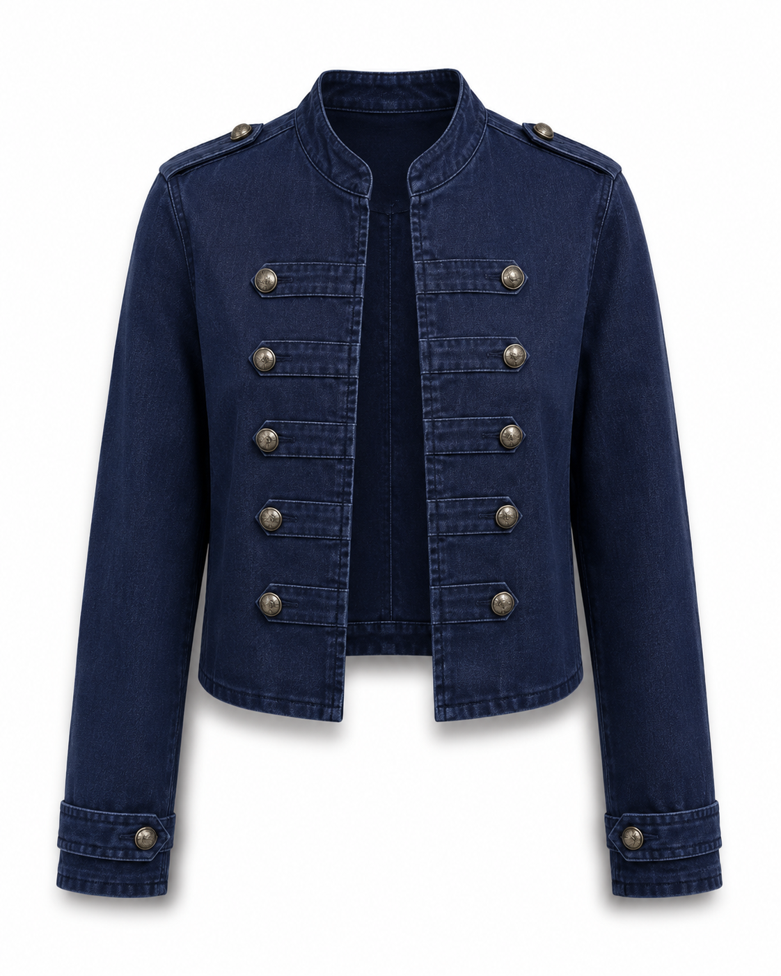 Navy Blue military inspired cropped jacket with stand collar, decorative button details, long sleeves and structured design