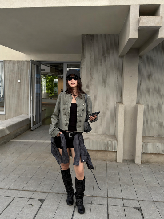 Women's army green vintage utility cropped jacket styled in a casual streetwear outfit