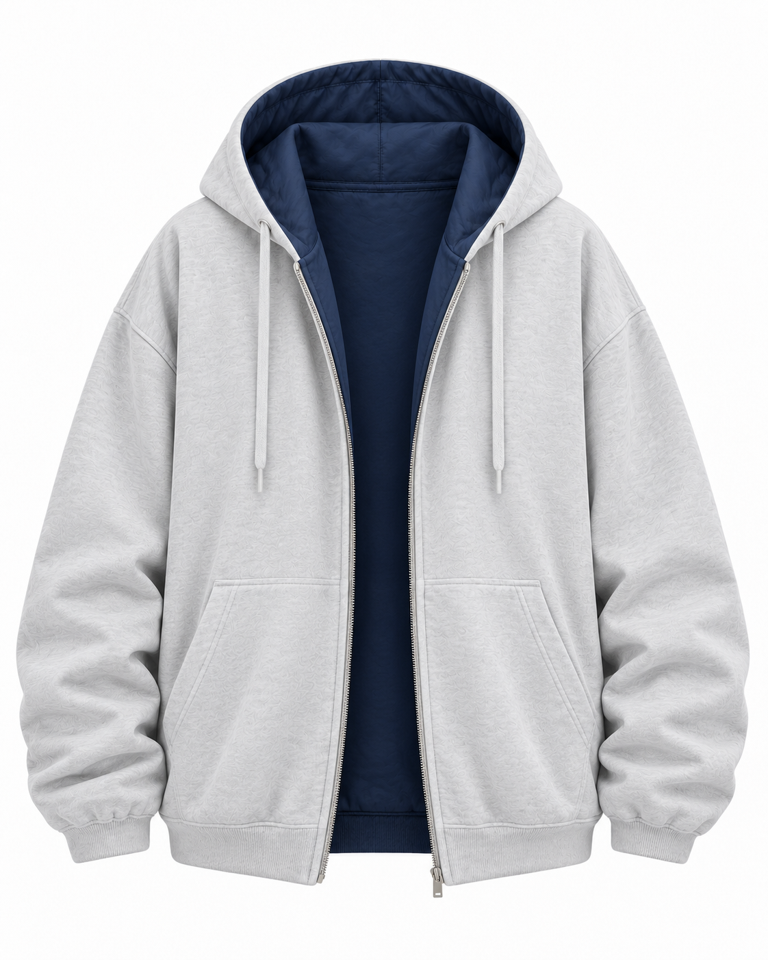 Florise Studio Reversible Oversized Zip Hoodie Jacket in Heather Cloud and Midnight Navy featuring a fully reversible design, oversized fit, adjustable hood, full zip closure, and front kangaroo pockets.