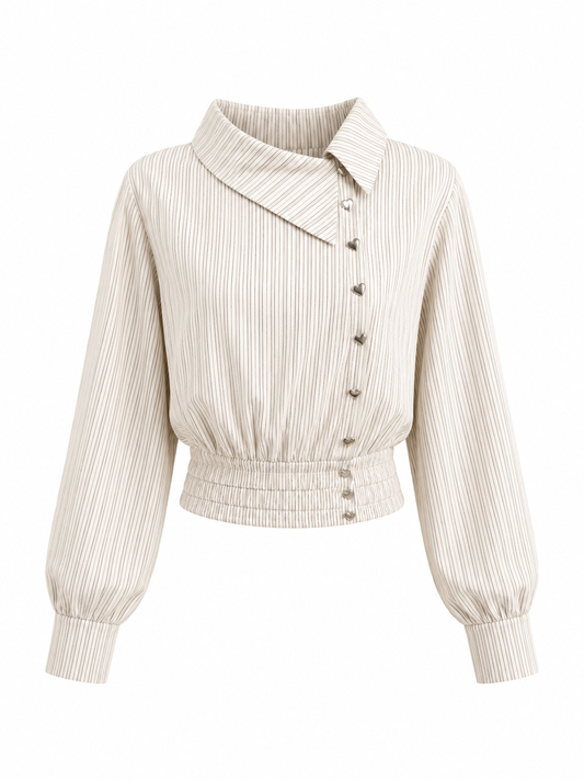 Front view of women's asymmetrical striped cropped cotton shirt with heart buttons isolated on white background