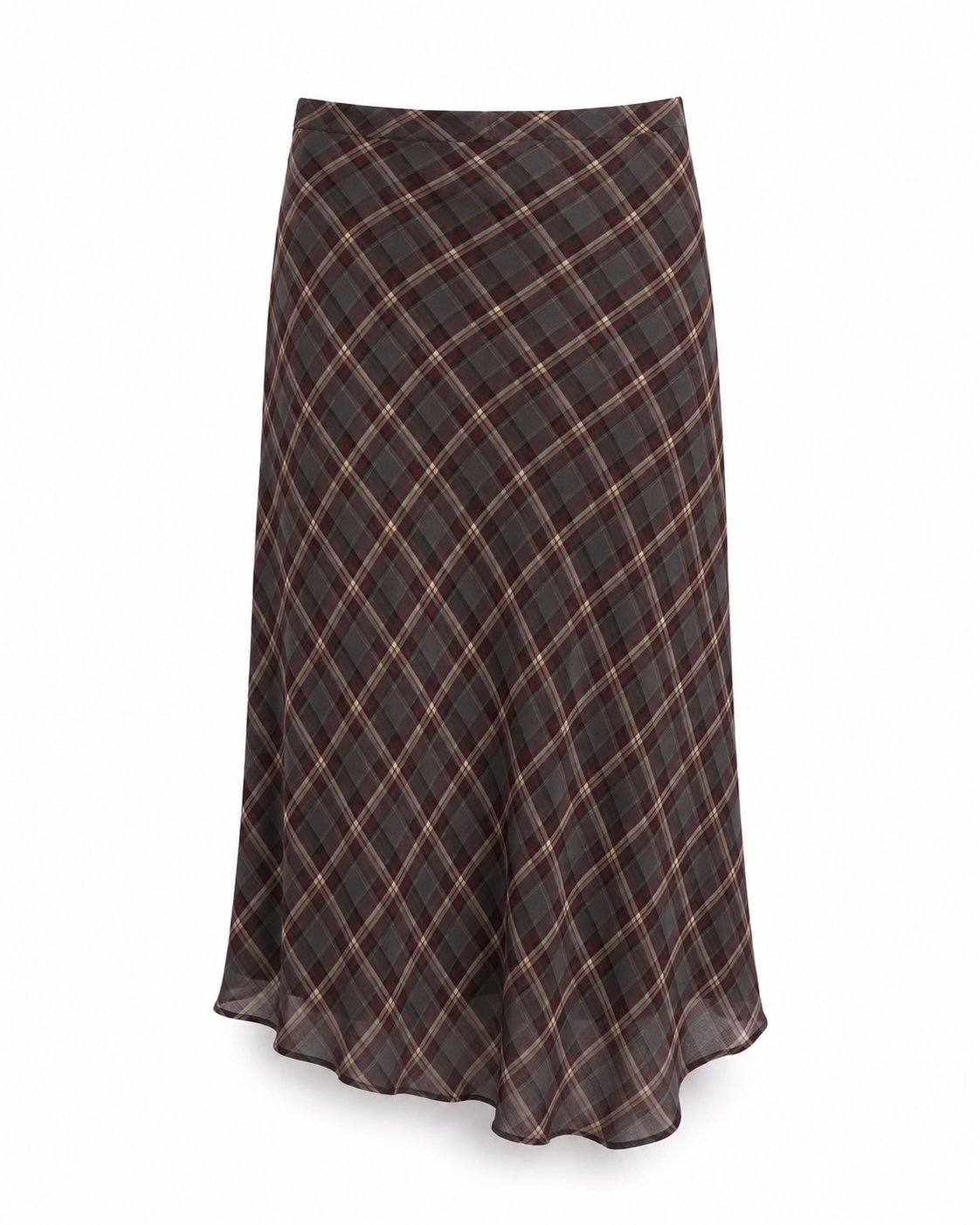 Front view of a vintage plaid bias-cut chiffon midi skirt isolated on a white background