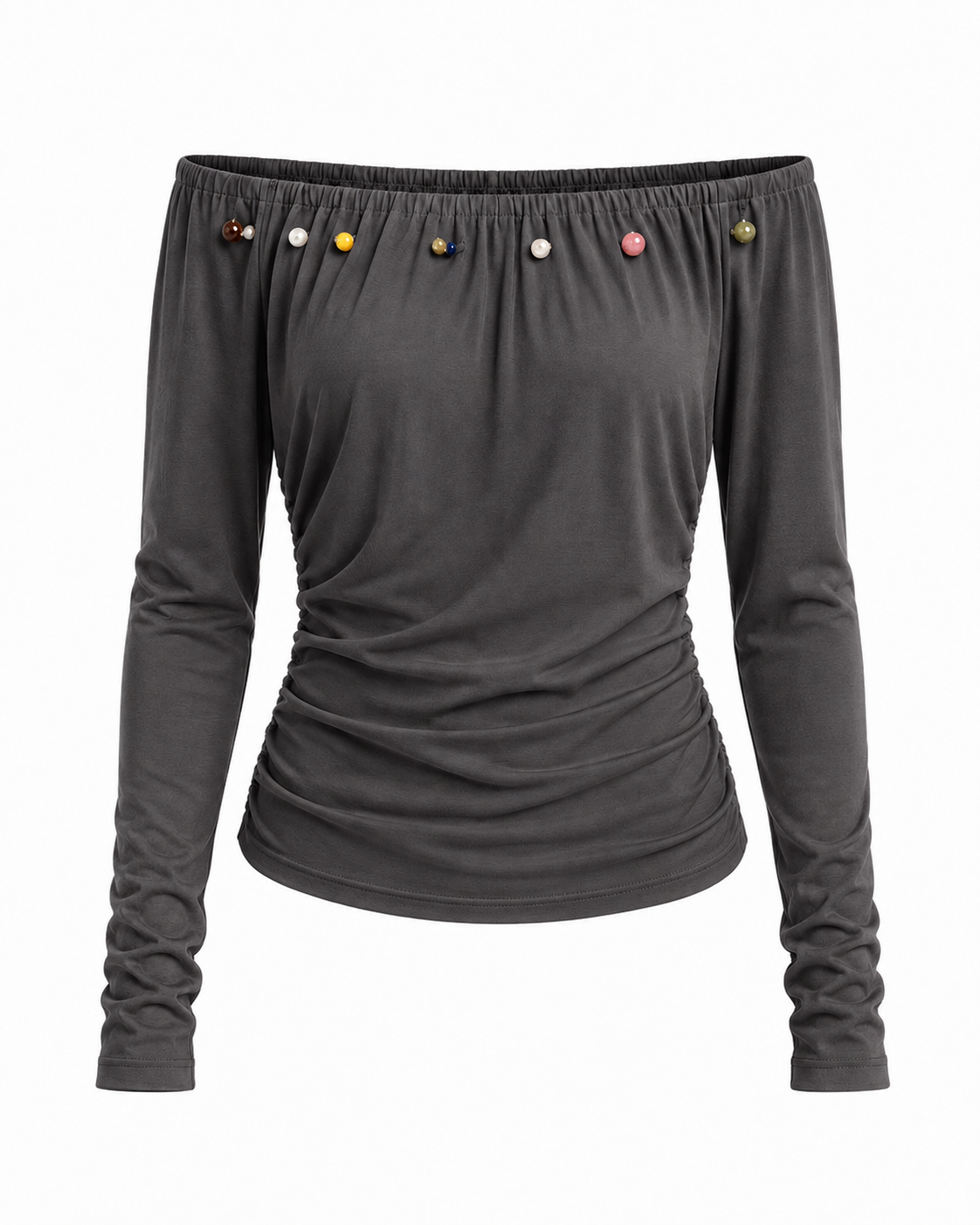 Charcoal gray off shoulder ruched long sleeve top with colorful bead details