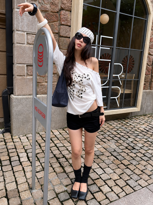 Polka Dot Bow Off-Shoulder Tee