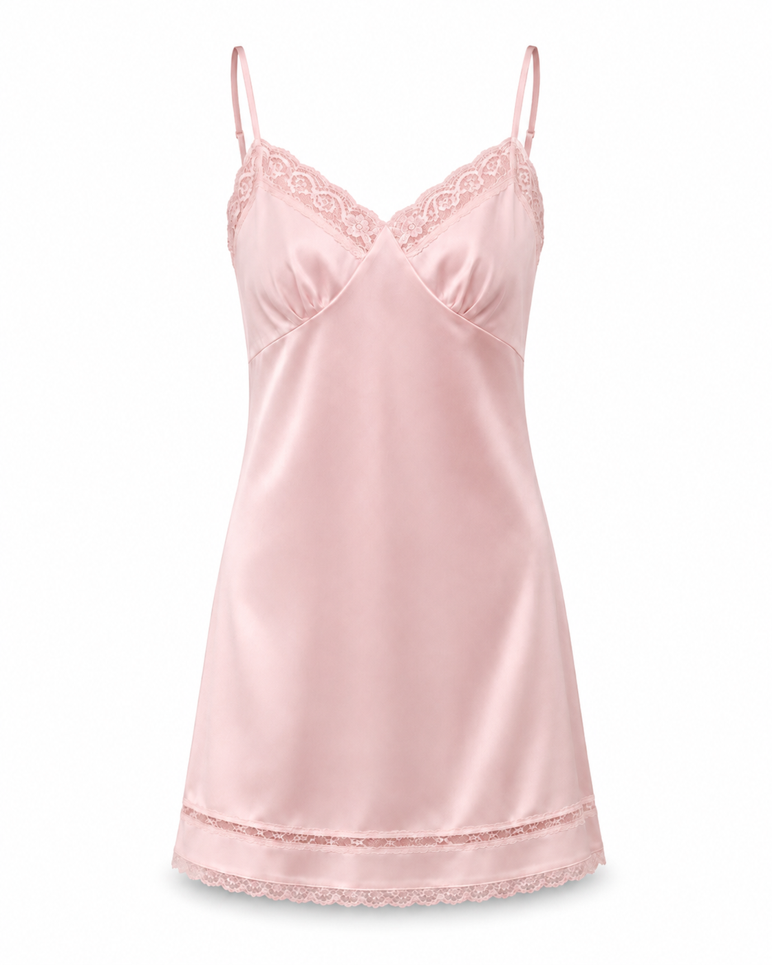 Blush Pink satin lace slip mini dress with adjustable spaghetti straps and lace trim