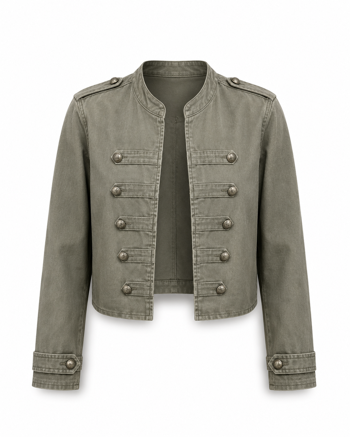 Army Green military inspired cropped jacket with stand collar, decorative button details, long sleeves and structured design