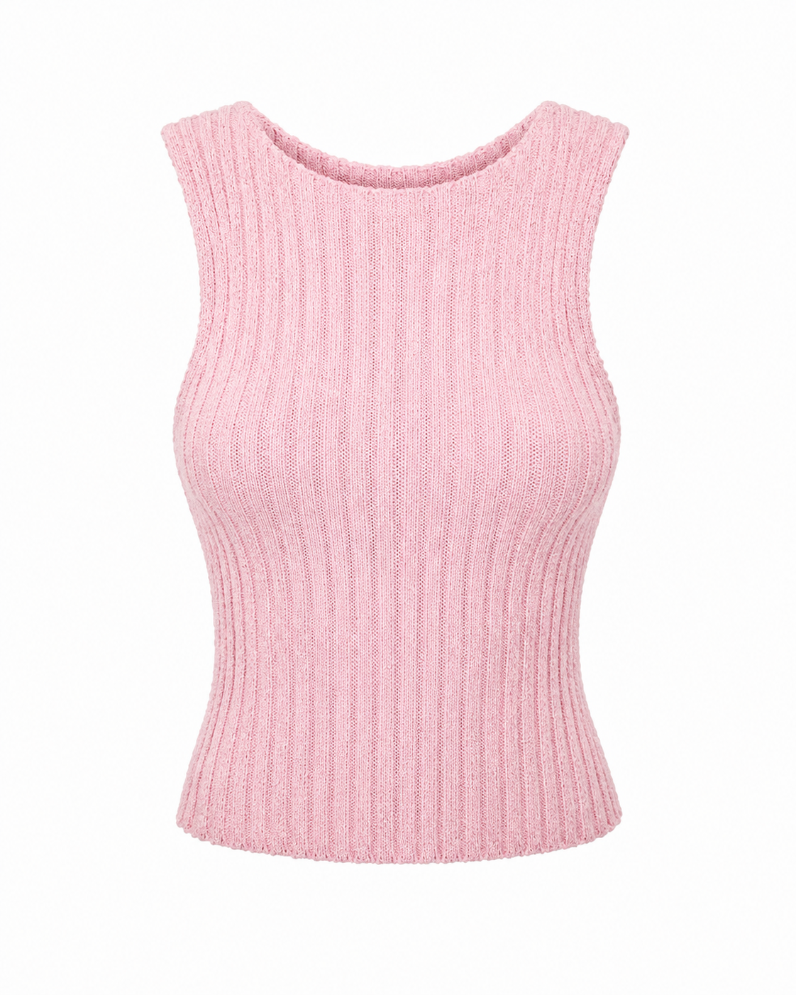Soft pink ribbed knit sleeveless tank top with fitted silhouette and vertical knit texture