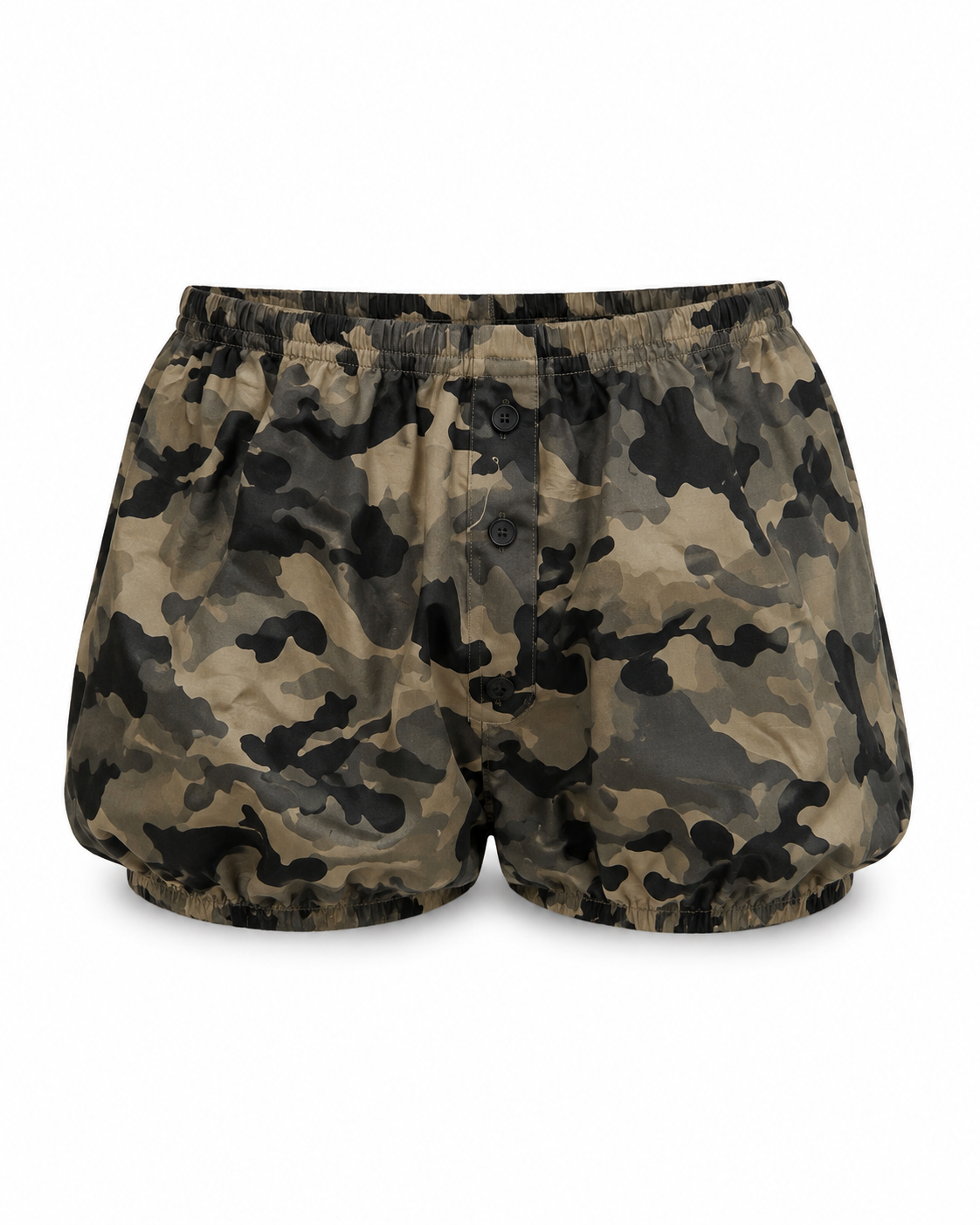 Camo print bubble shorts with elastic waist and front button detail