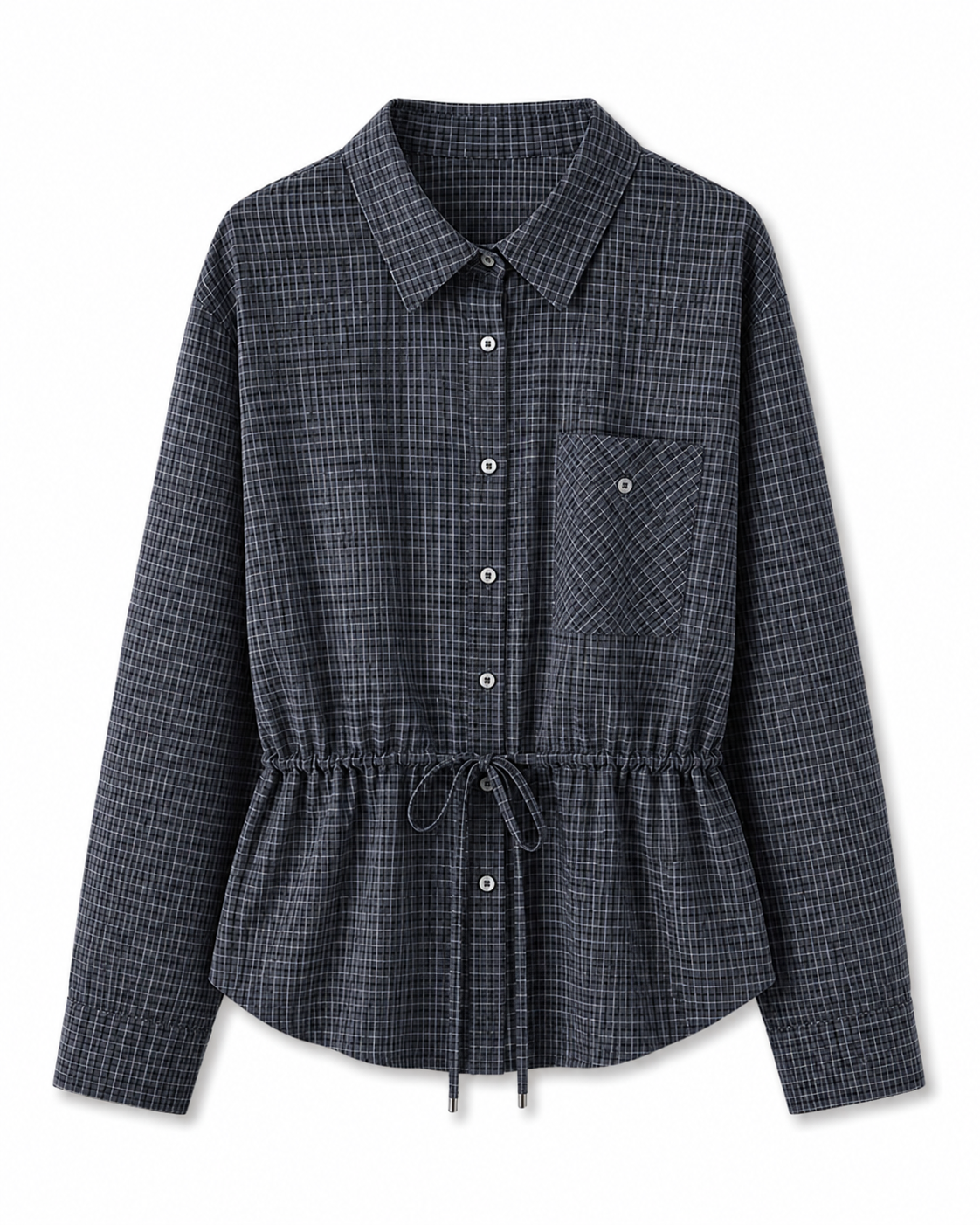 Charcoal Gray plaid cinched waist shirt jacket, long sleeve blouse with front pocket detail