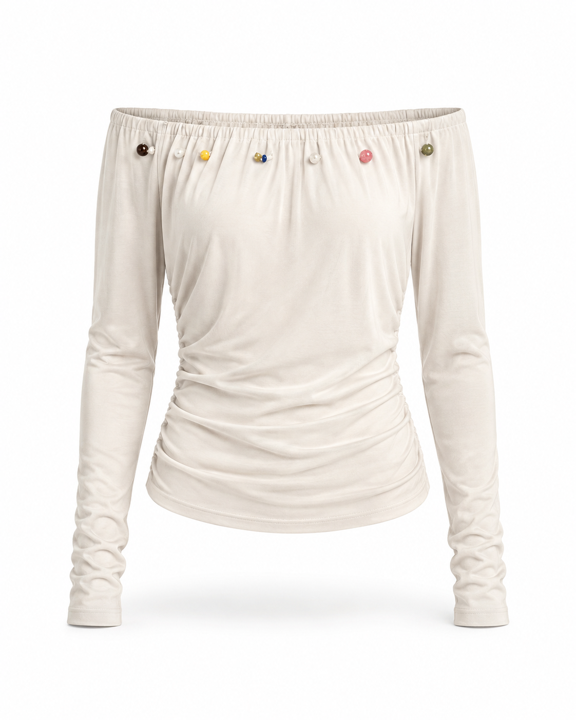 Ivory off shoulder ruched long sleeve top with colorful bead details