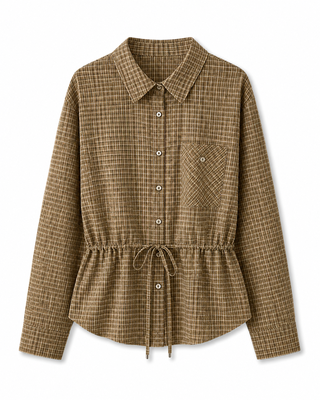 Coffee Brown plaid cinched waist shirt jacket, long sleeve blouse with front pocket detail