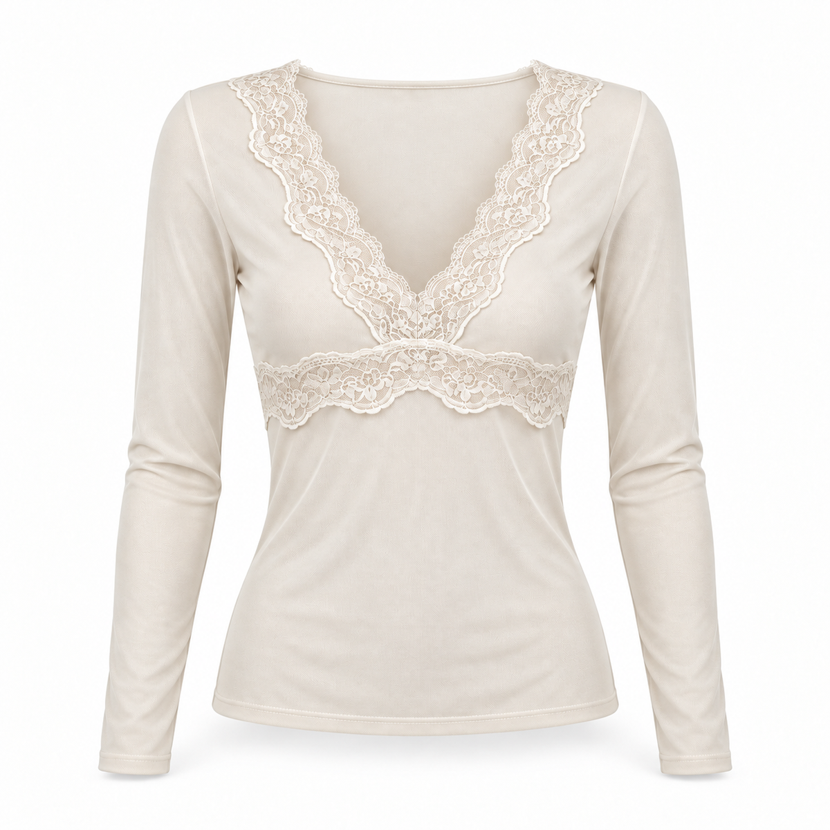 Ivory lace trim V-neck long sleeve top on white background