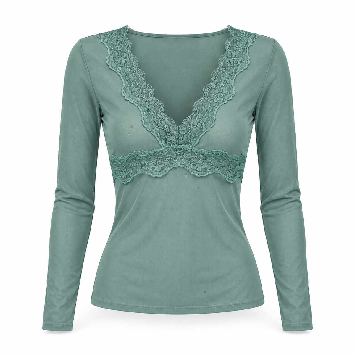 Sage green lace trim V-neck long sleeve top on white background