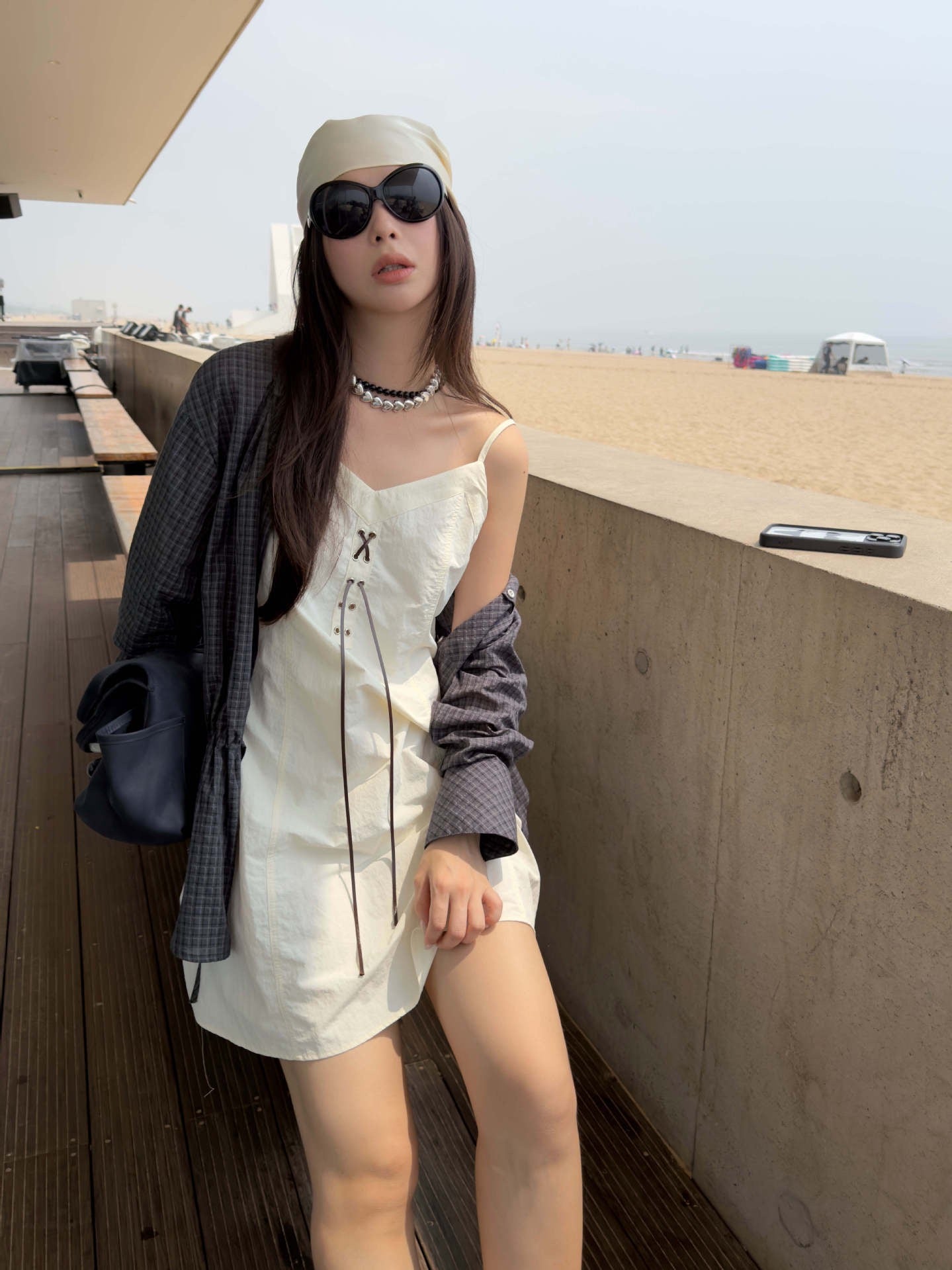 Relaxed Waist-Tie Plaid Shirt