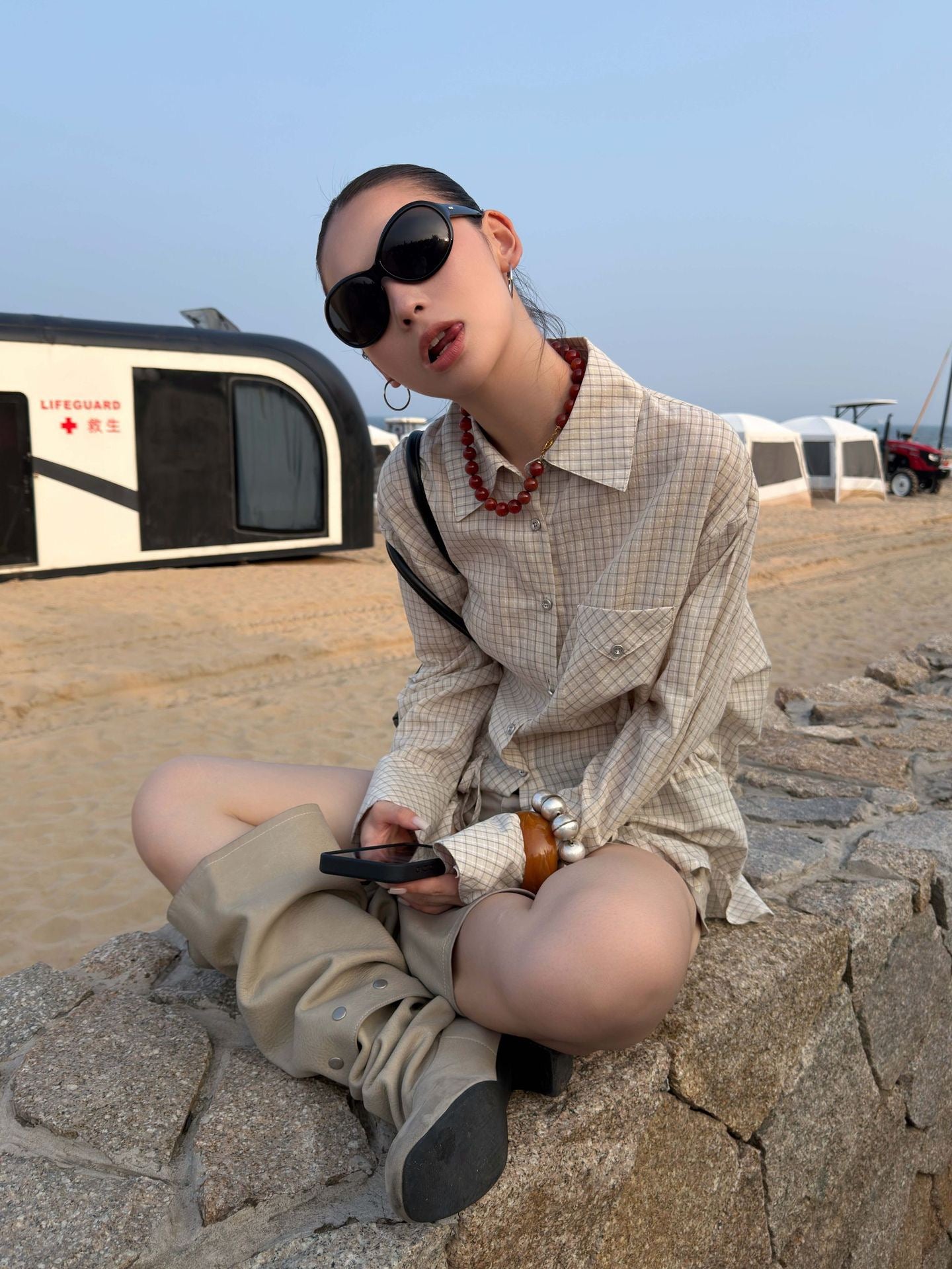 Relaxed Waist-Tie Plaid Shirt