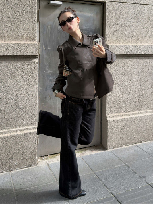 Mocha Cocoa Double-Breasted Cropped Jacket Casual Chic Streetwear Look