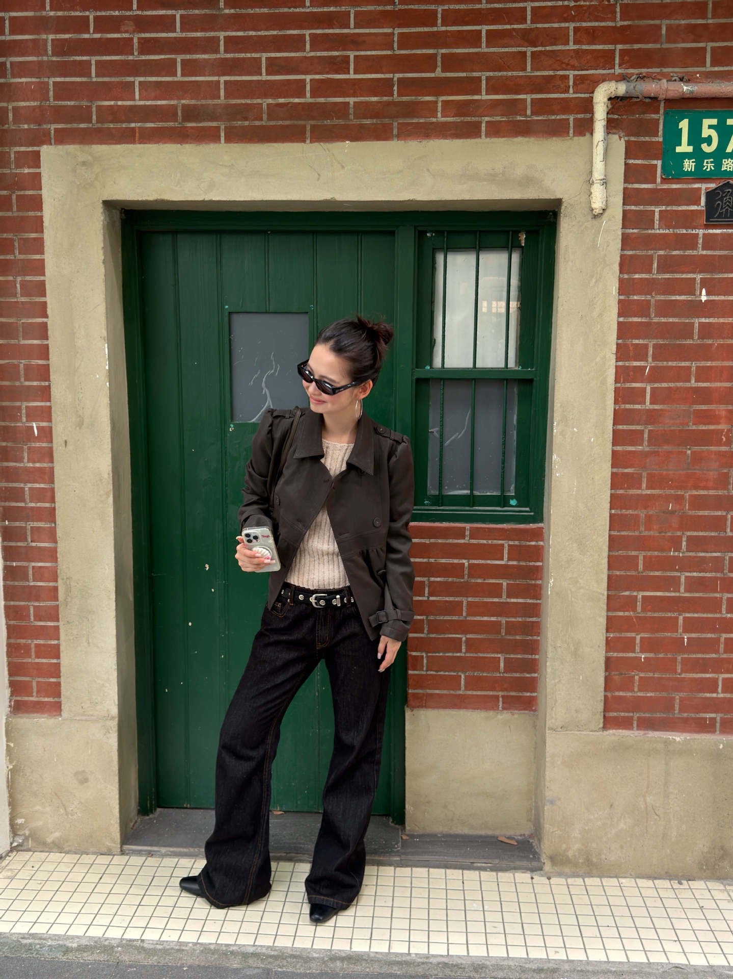 Mocha Cocoa Double-Breasted Cropped Jacket Street Style Outfit with Vintage Details