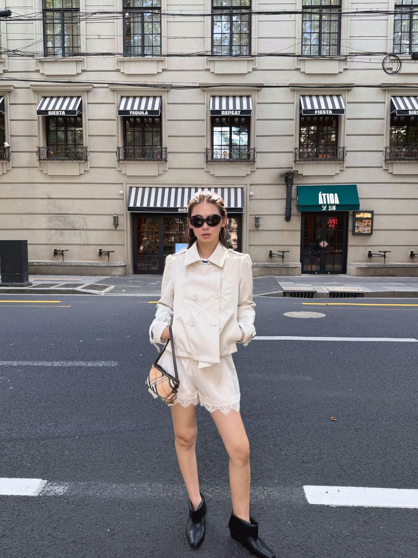 Ivory Cream Doll Collar Cropped Jacket Styled with Lace Trim Shorts