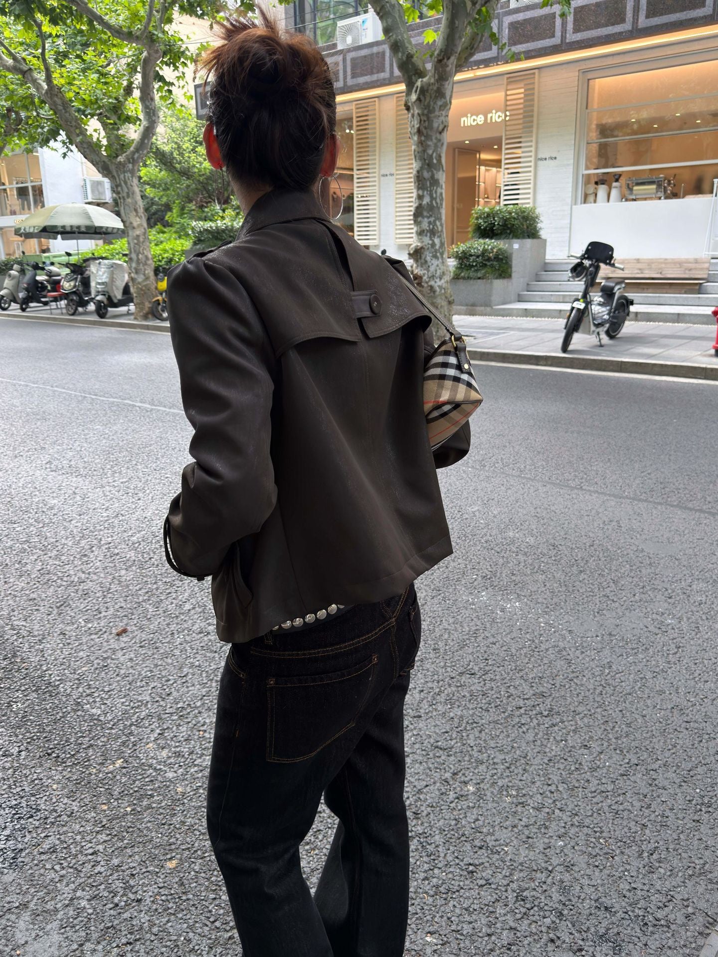 Mocha Cocoa Vintage Doll Collar Jacket Back View with Elegant Short Cut Design