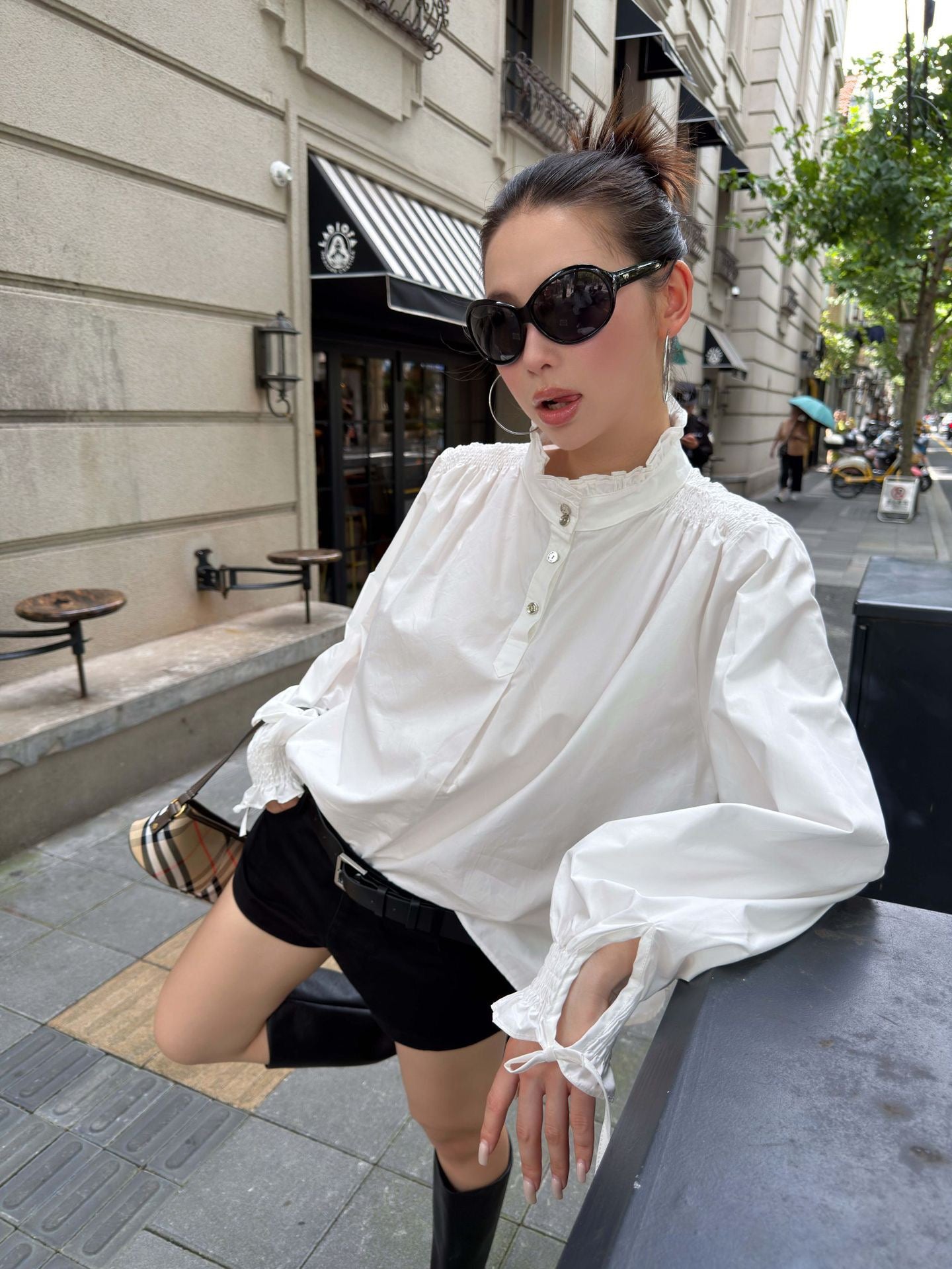 Close-Up of the Ivory White Romantic Ruffle Collar Cotton Blouse Showing the Ruffle Collar, Button Placket and Balloon Sleeves