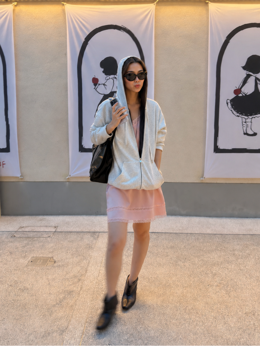 Full-body view of the Florise Studio Reversible Oversized Zip Hoodie Jacket in Heather Cloud paired with a satin slip dress, showcasing the relaxed oversized silhouette and casual layering style.