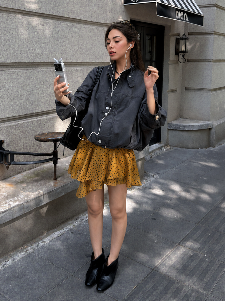 Woman wearing the Florise Studio Oversized Vintage Utility Stand Collar Jacket in Washed Charcoal featuring an oversized fit, stand collar, premium cotton fabric, and vintage-inspired utility styling.