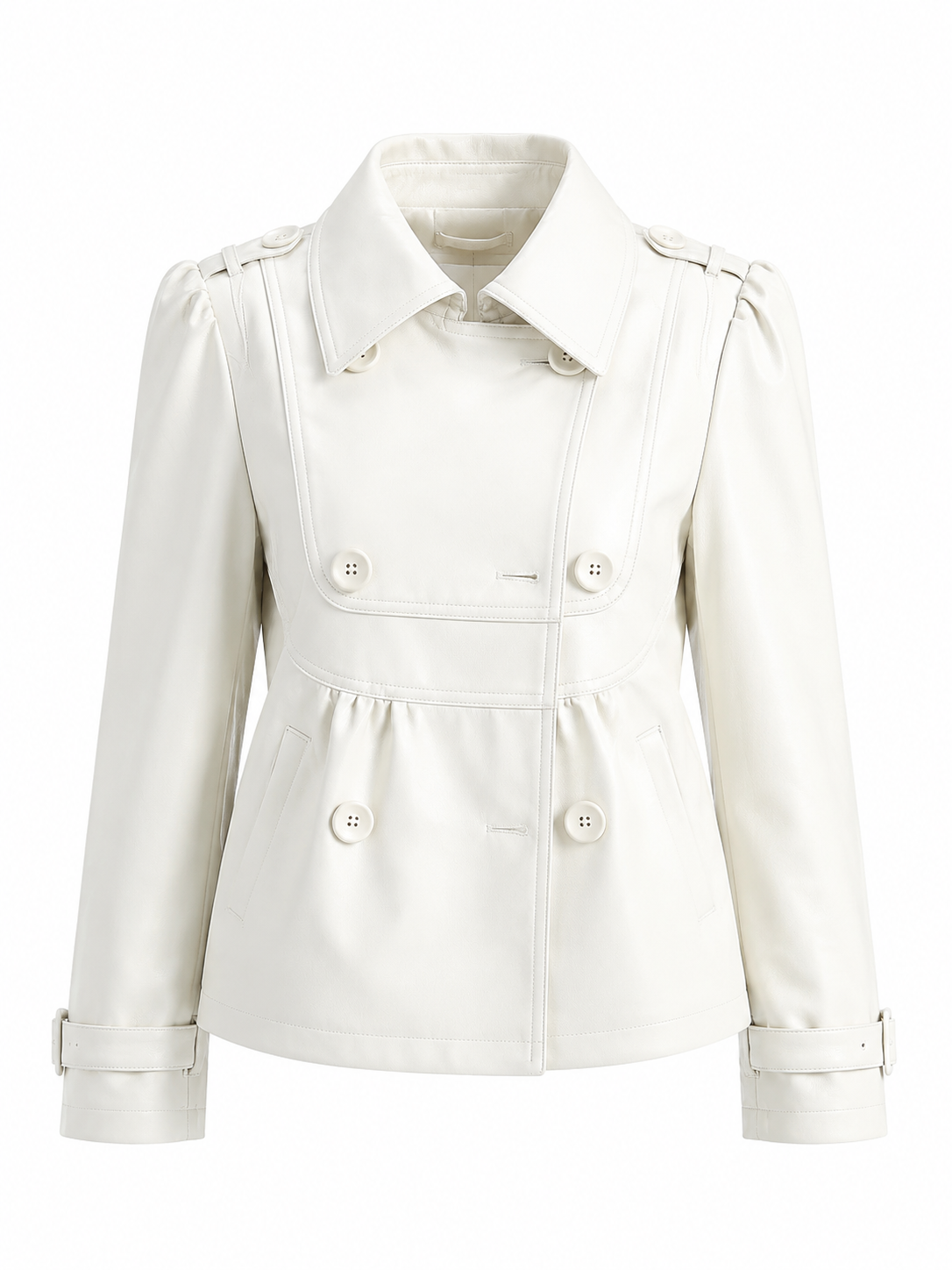 Ivory Cream Faux Leather Short Trench Jacket with Double Breasted Design