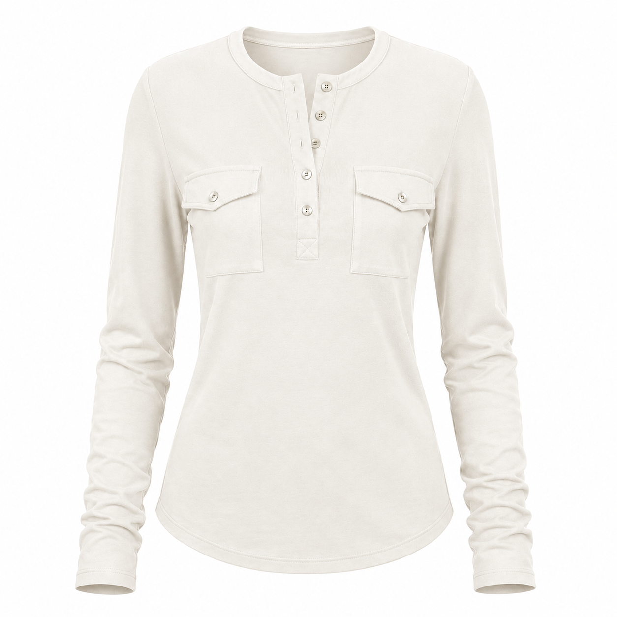 Florise Studio Vintage Utility Henley Top in Ivory Cream featuring a button-front Henley neckline, double flap chest pockets, slim fit silhouette, and soft stretch cotton fabric.