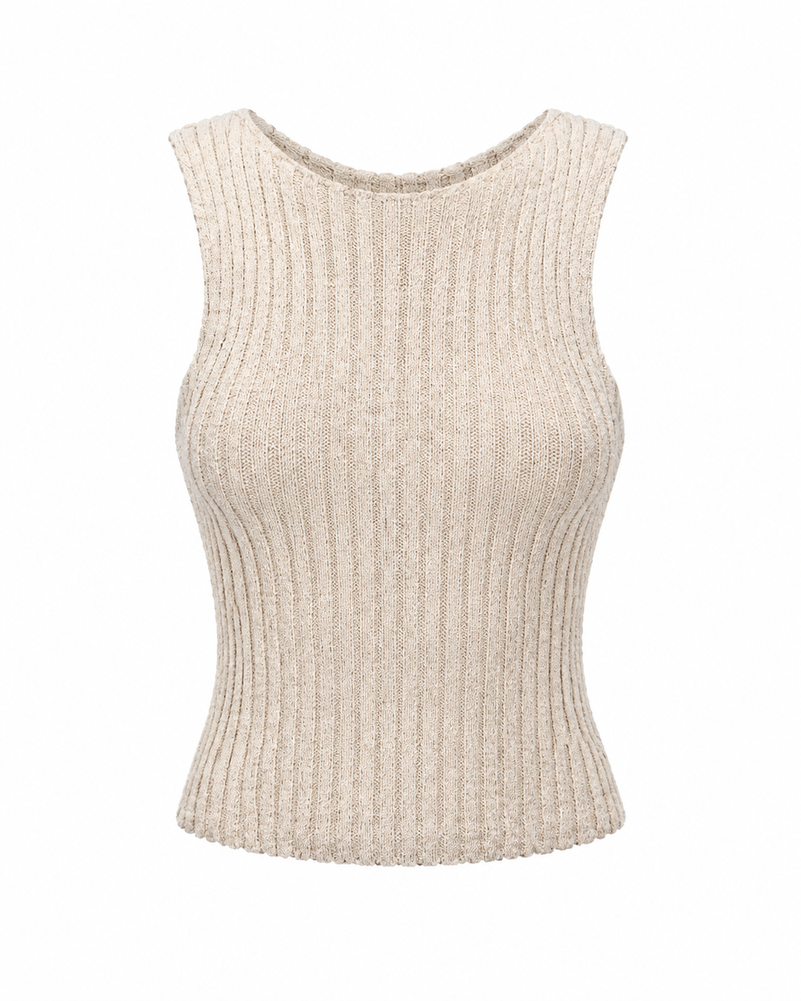 Ivory cream ribbed knit sleeveless tank top with fitted silhouette and vertical texture