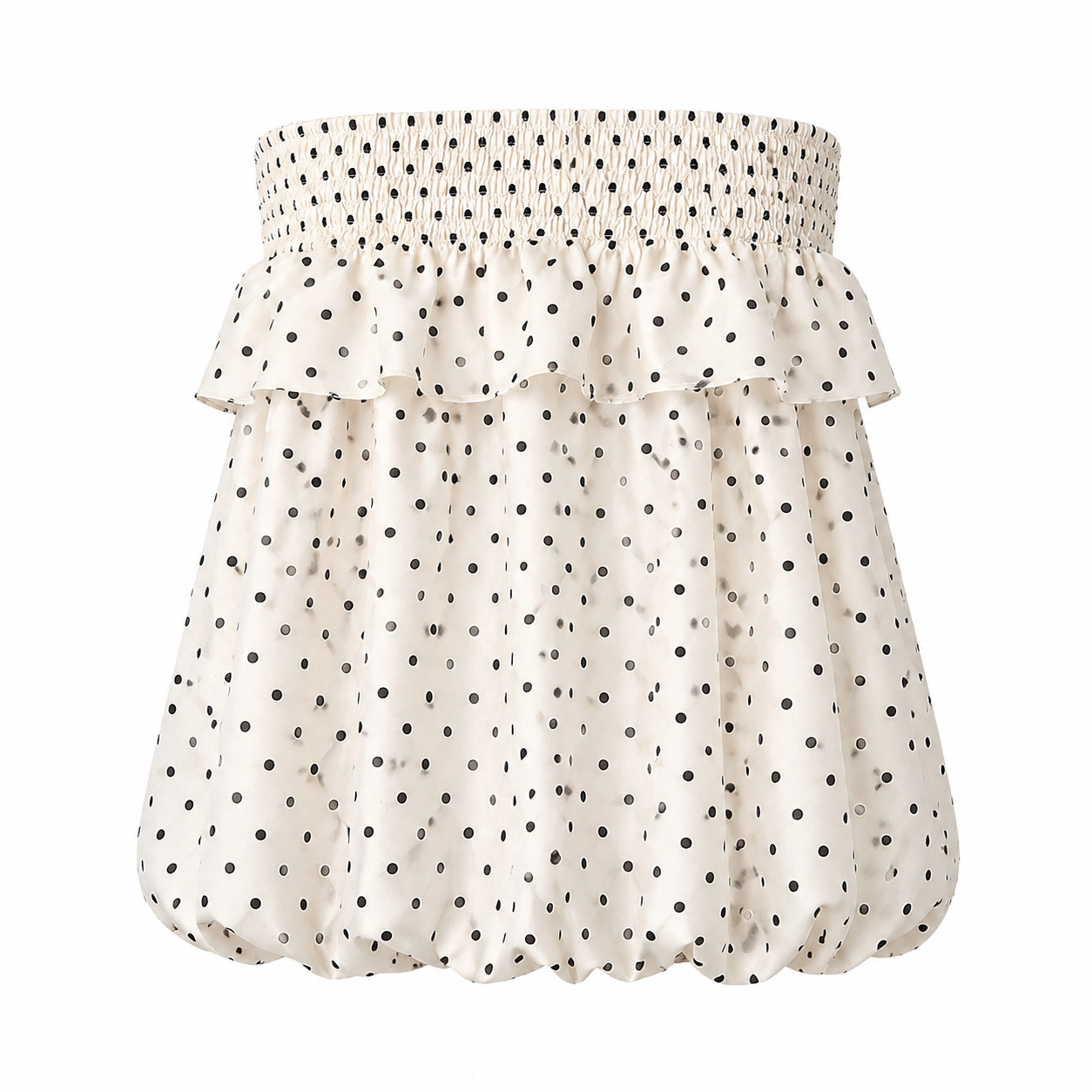 Ivory Cream polka dot convertible mini dress with smocked waist and ruffle detail