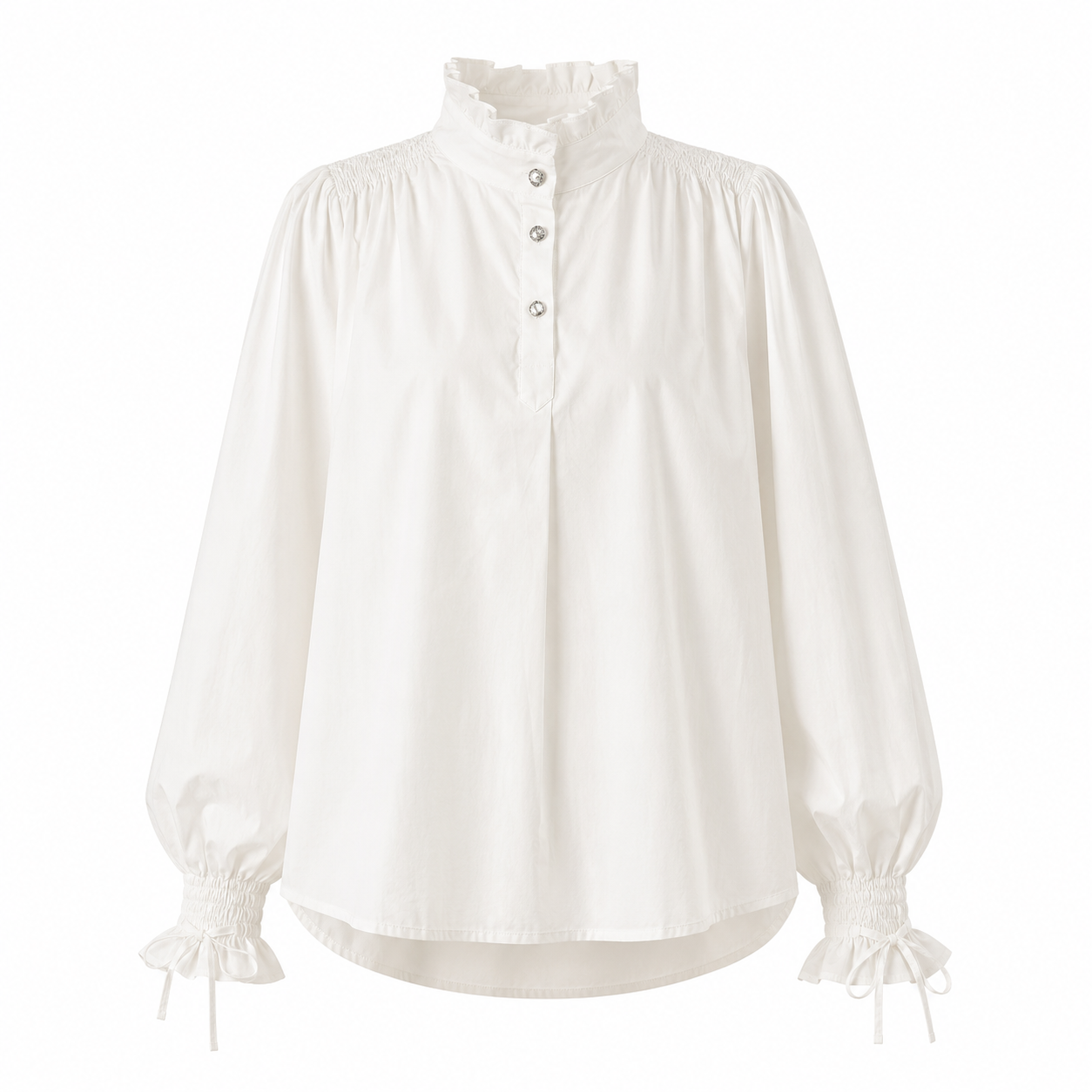 Ivory White Romantic Ruffle Collar Cotton Blouse with Smocked Shoulders and Balloon Sleeves on White Background