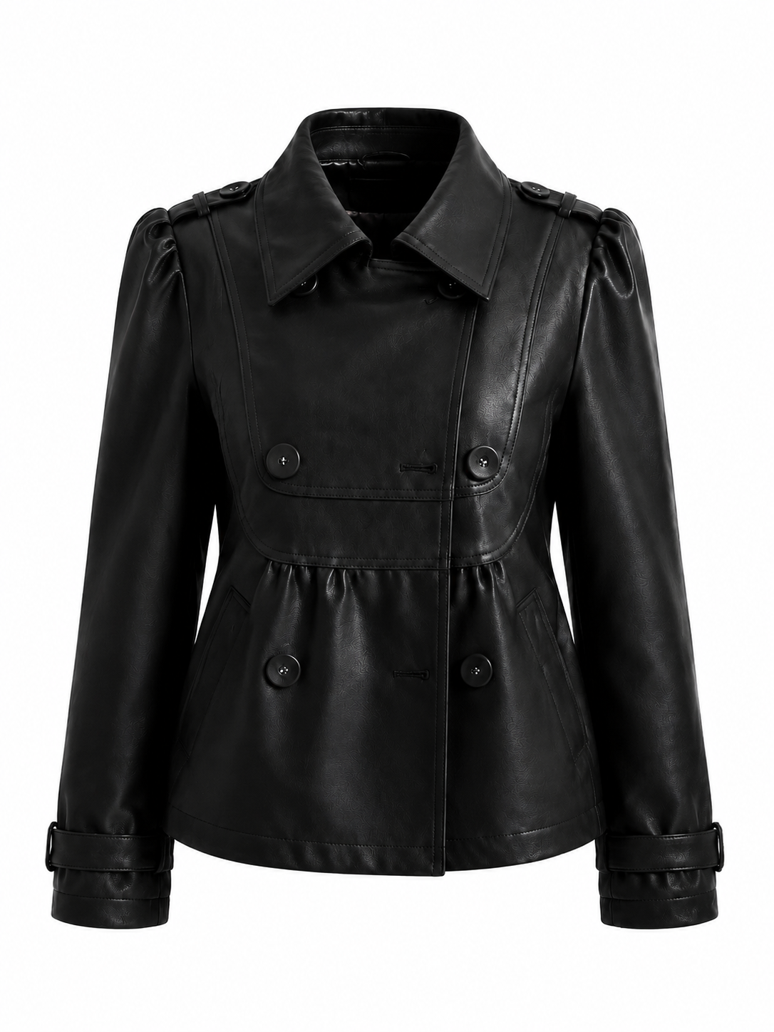 Midnight Noir Faux Leather Short Trench Jacket with Double Breasted Design
