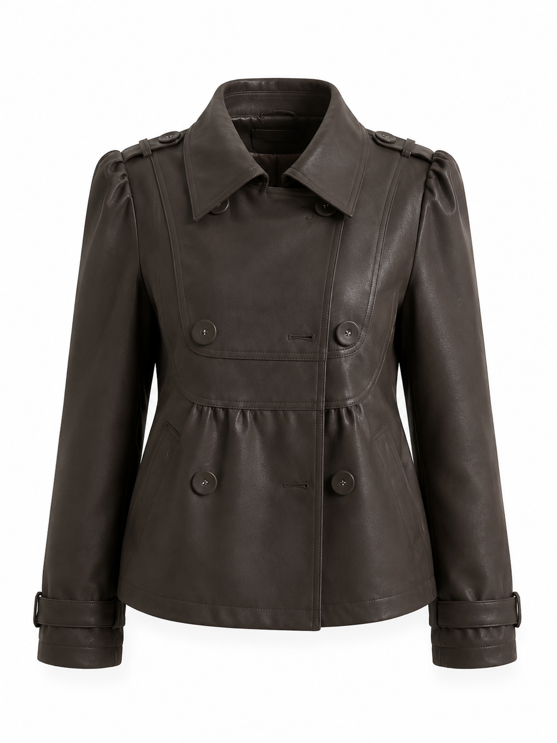 Mocha Cocoa Faux Leather Short Trench Jacket with Double Breasted Design