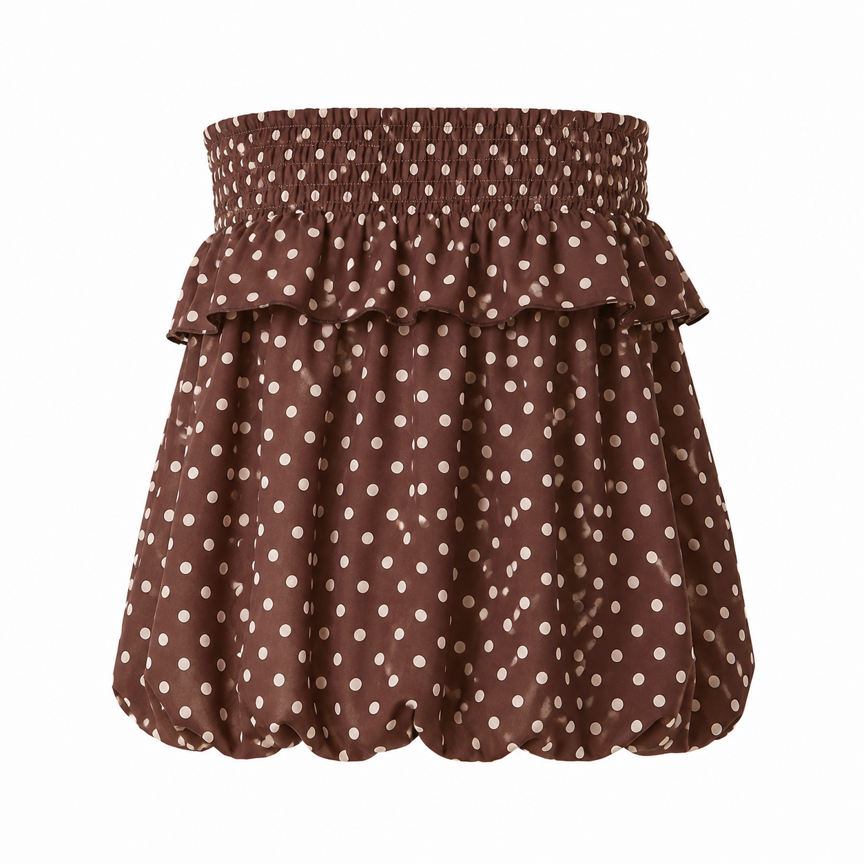 Mocha Cocoa polka dot convertible mini dress with smocked waist and ruffle detail