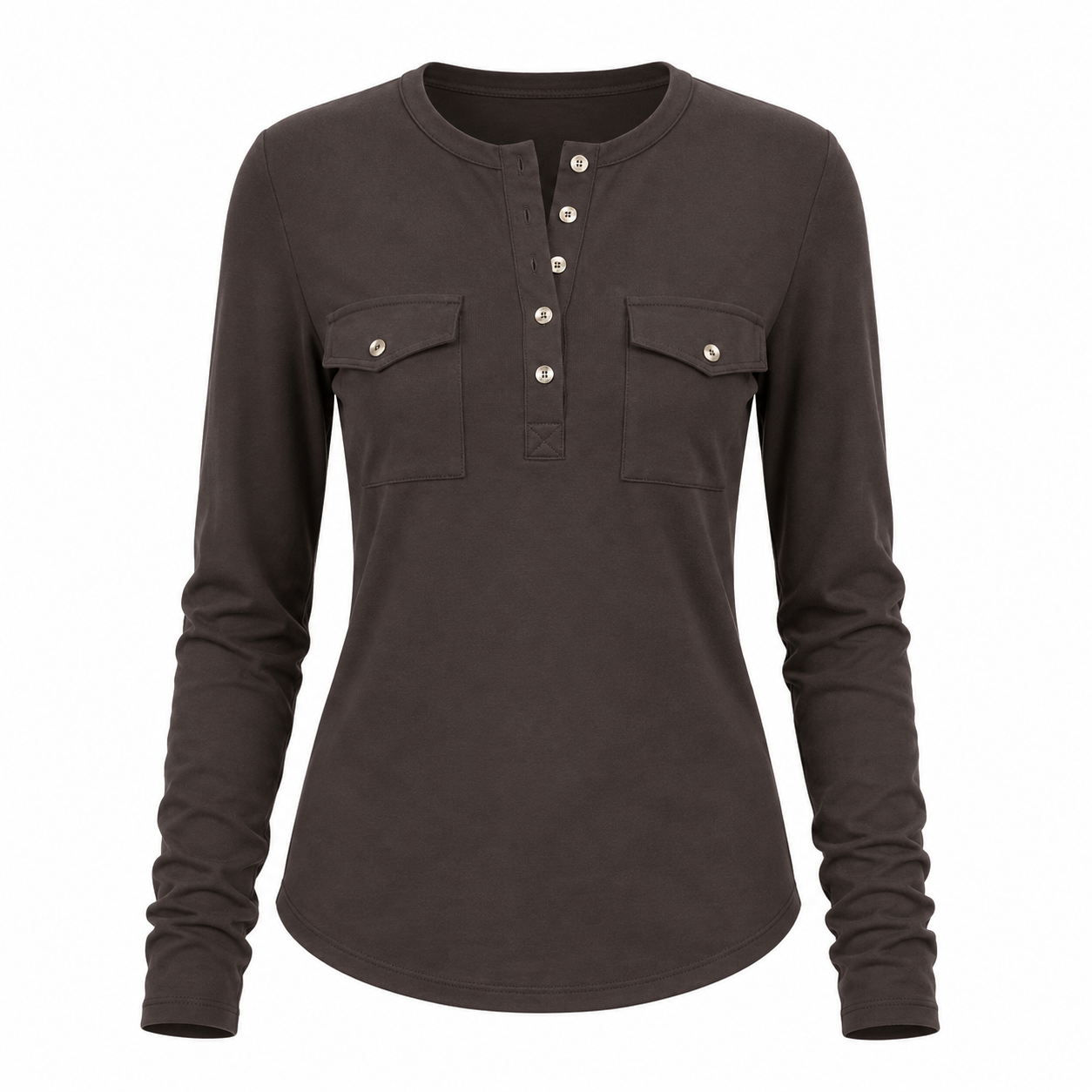 Florise Studio Vintage Utility Henley Top in Mocha Cocoa featuring a button-front Henley neckline, double flap chest pockets, slim fit silhouette, and soft stretch cotton fabric.