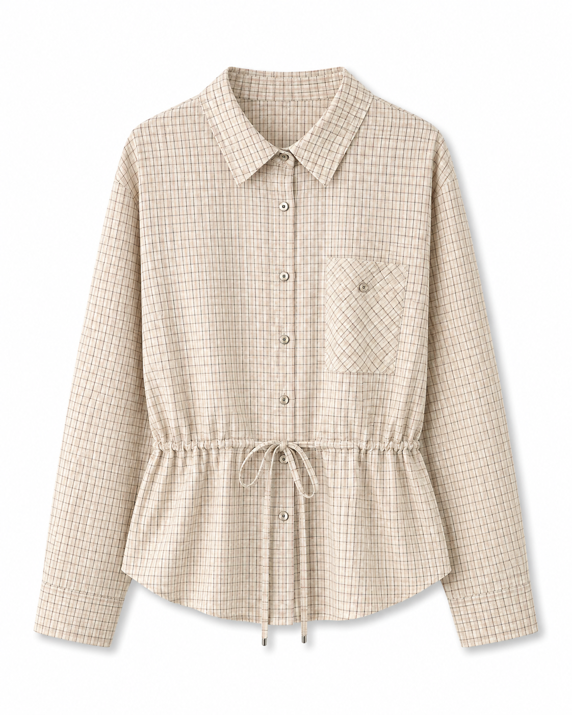 Oat Beige plaid cinched waist shirt jacket, long sleeve blouse with front pocket detail