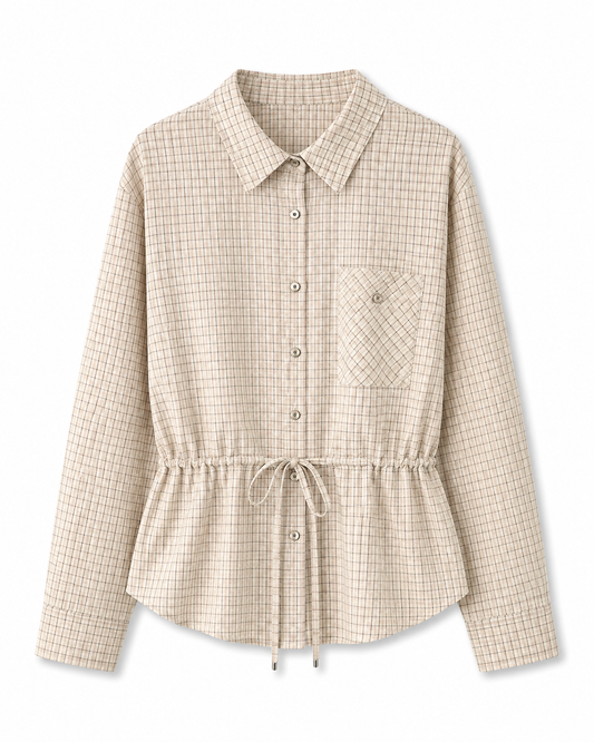 Oat Beige plaid cinched waist shirt jacket, long sleeve blouse with front pocket detail