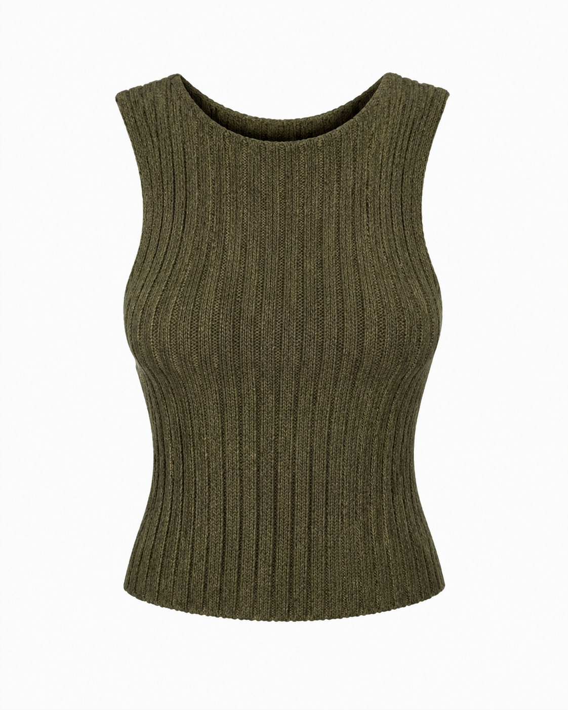 Olive green ribbed knit sleeveless tank top with fitted silhouette and classic vertical rib texture