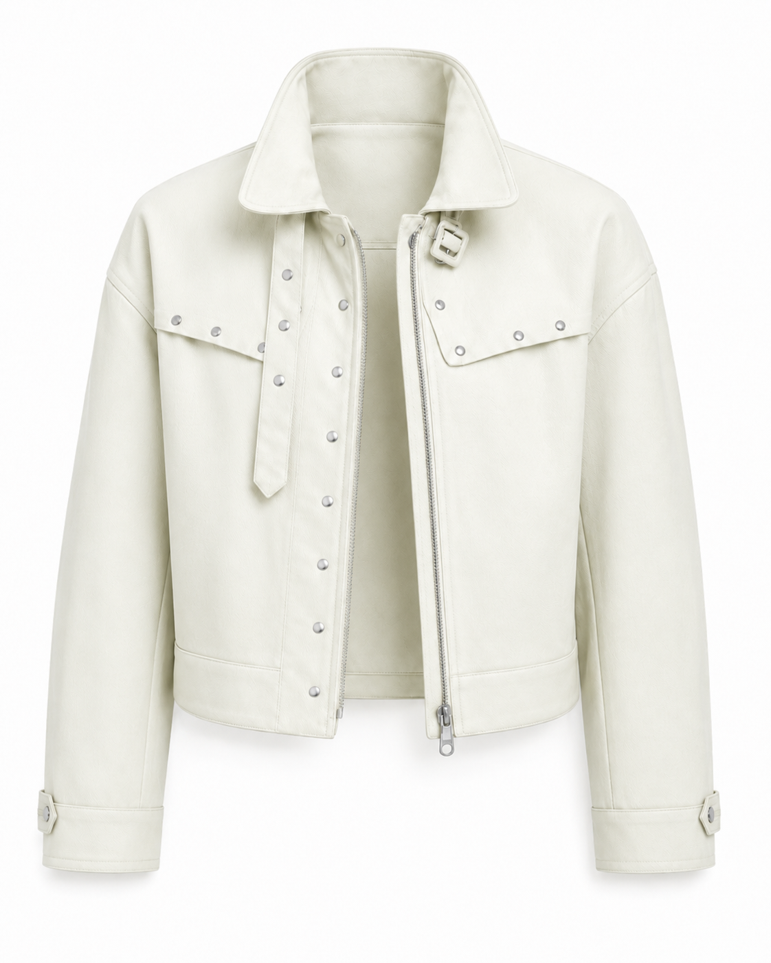 Front view of the Florise Studio Vintage Stud Utility Jacket in Sage Mist featuring a concealed front zip, silver stud detailing, pointed collar, adjustable buckle collar tab, and relaxed cropped utility silhouette.