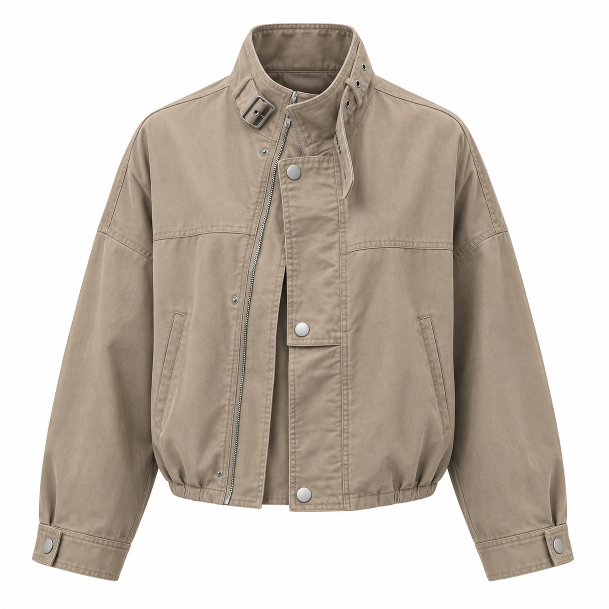 Florise Studio Oversized Vintage Utility Stand Collar Jacket in Stone Khaki featuring a stand collar, oversized silhouette, breathable cotton fabric, and vintage-inspired utility design.