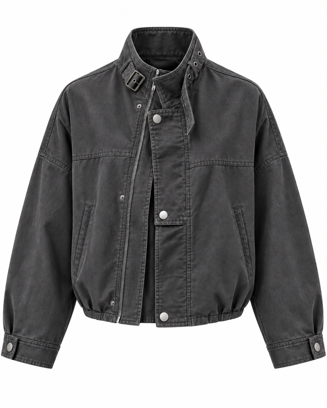 Florise Studio Oversized Vintage Utility Stand Collar Jacket in Washed Charcoal featuring a stand collar, oversized silhouette, premium cotton fabric, and vintage utility construction.