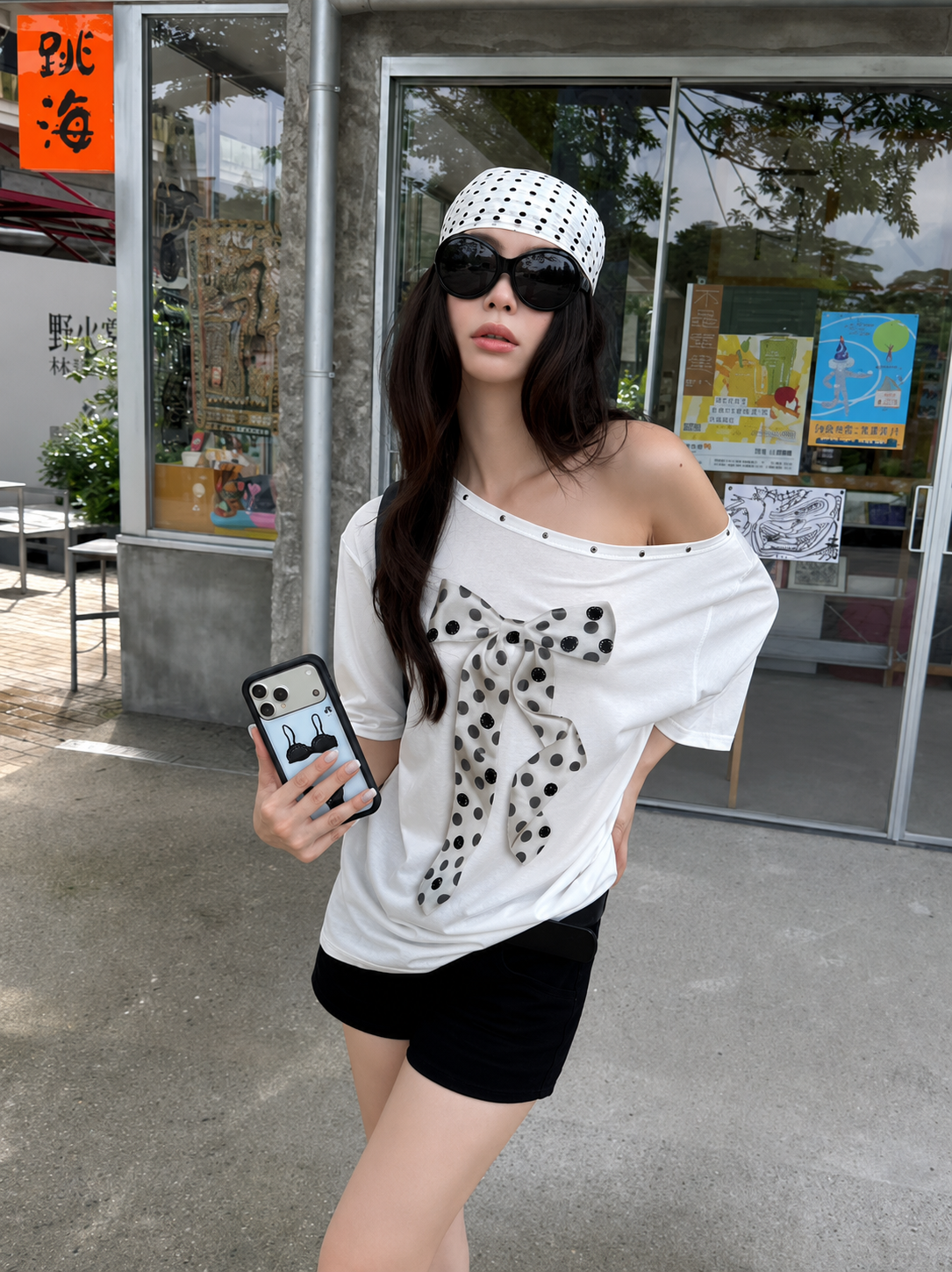 Polka Dot Bow Off-Shoulder Tee