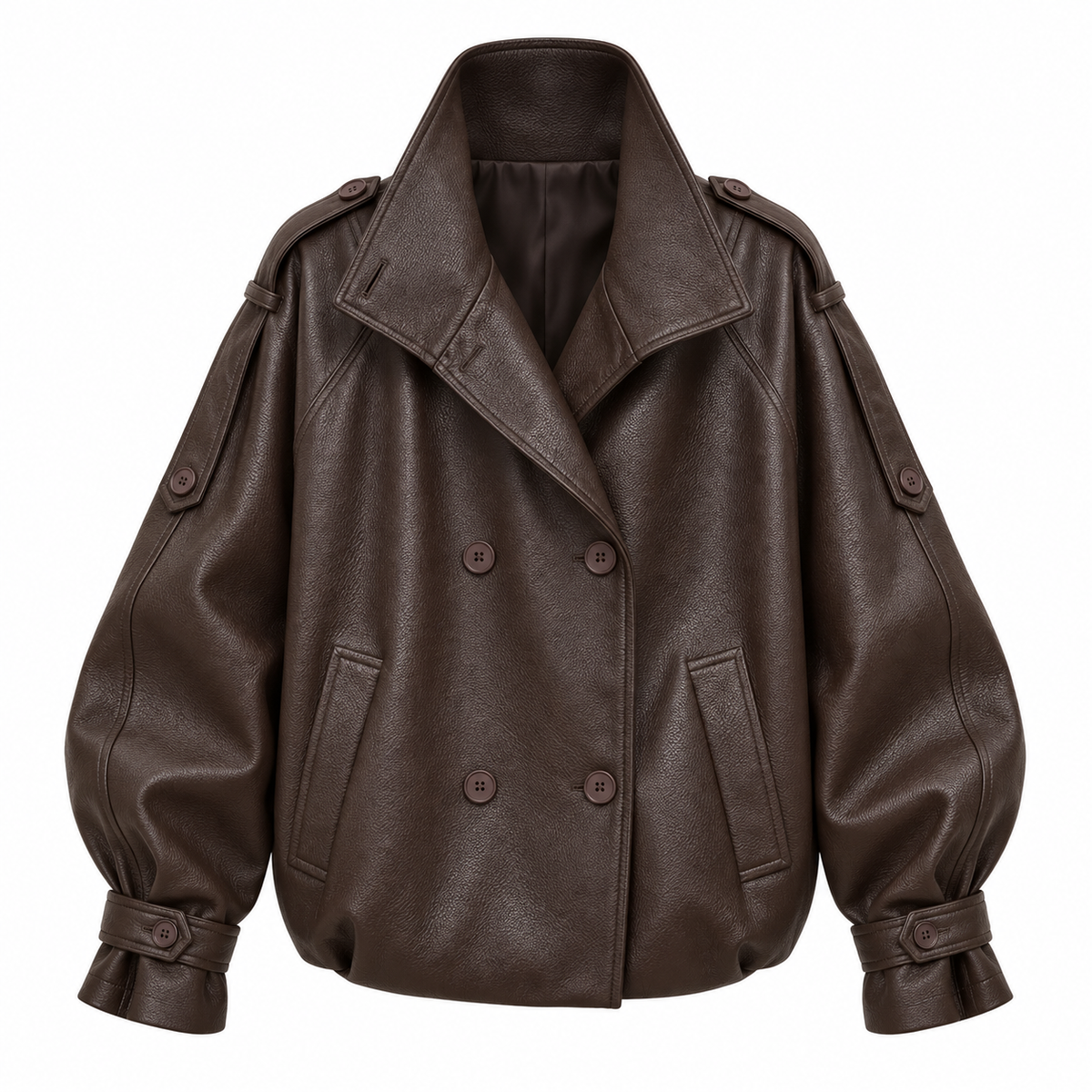 Front view of the Avery Oversized Faux Leather Moto Jacket in Espresso Brown featuring an oversized silhouette, double-breasted design, and textured faux leather.