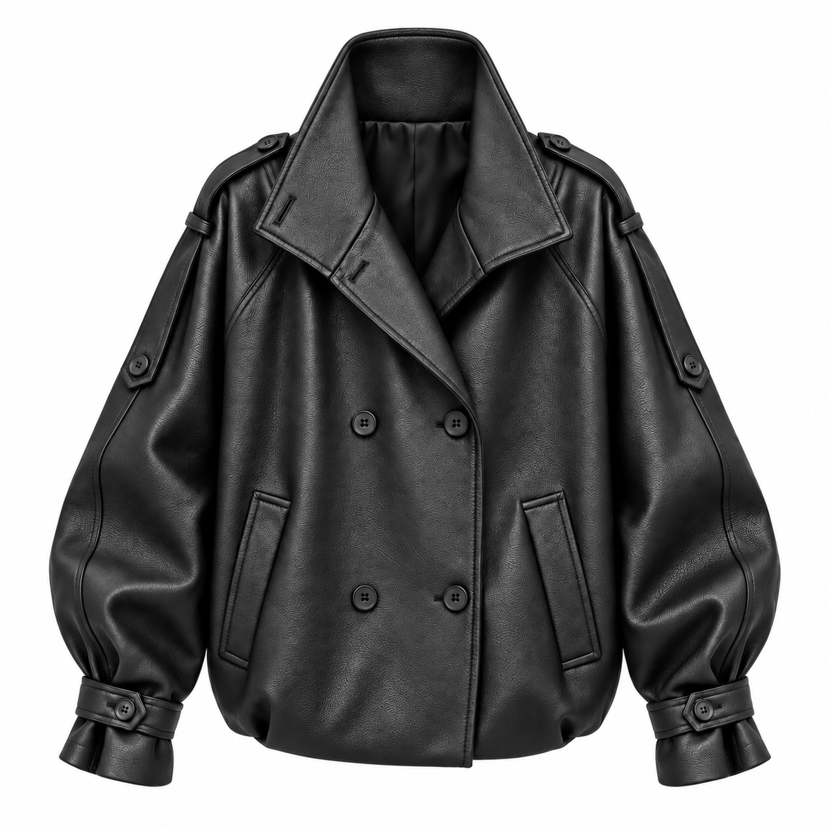Front view of the Avery Oversized Faux Leather Moto Jacket in Midnight Black featuring a double-breasted oversized silhouette with a structured stand collar.